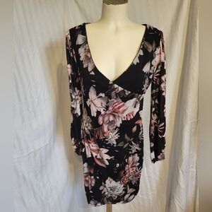 Eclipse Black and Pink Floral Long Sleeve Dress, Size Large